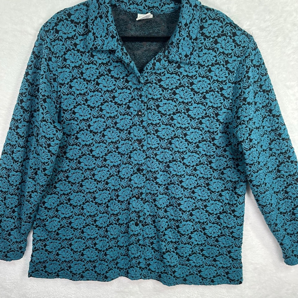 Westbound II Button Front Shirt Women 1X Blue Floral Textured Stretch